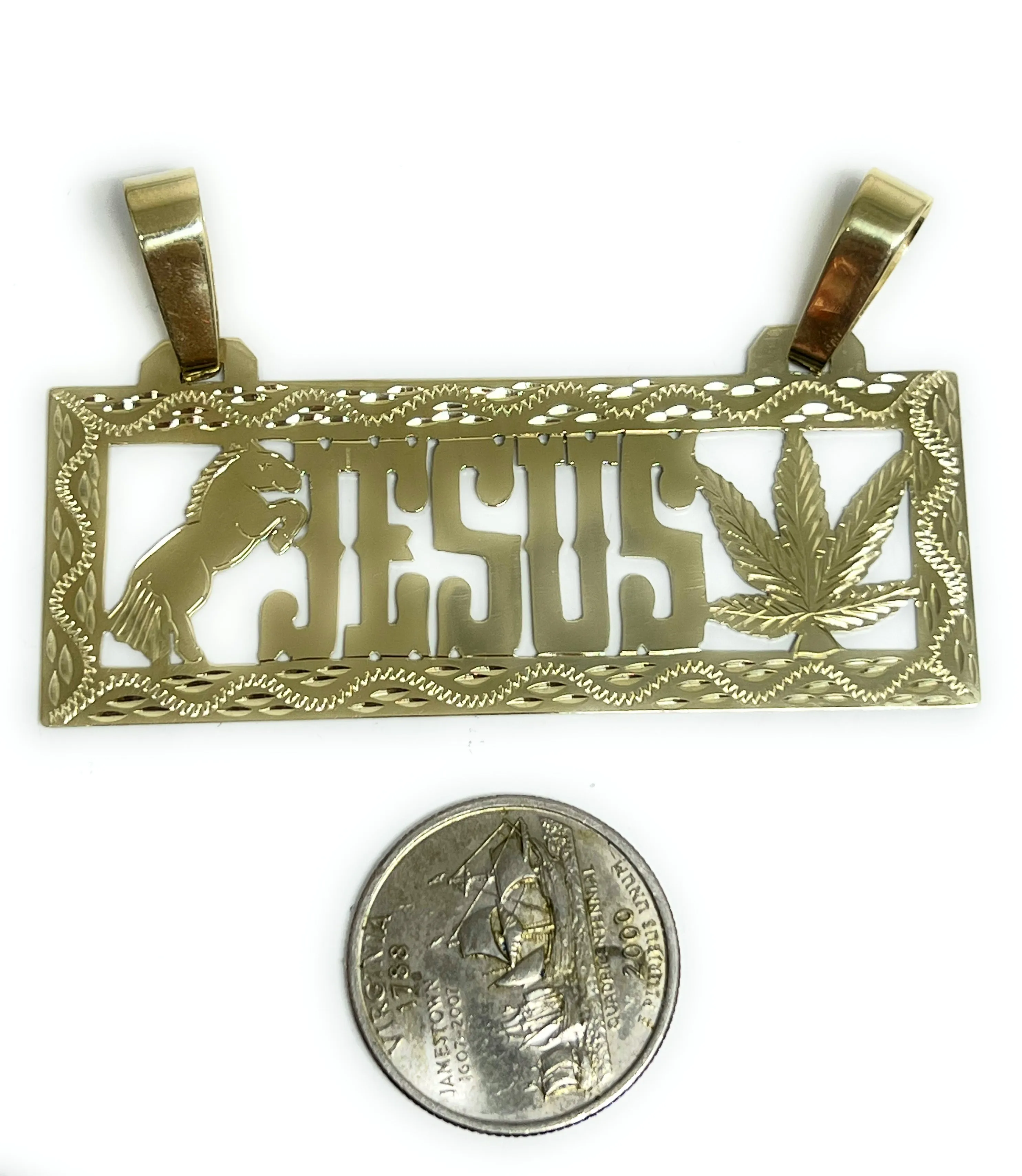 10k Solid Gold Custom VAQUERO STYLE HORSE AND GREEN LEAF LARGE Nameplate Pendant (9g)