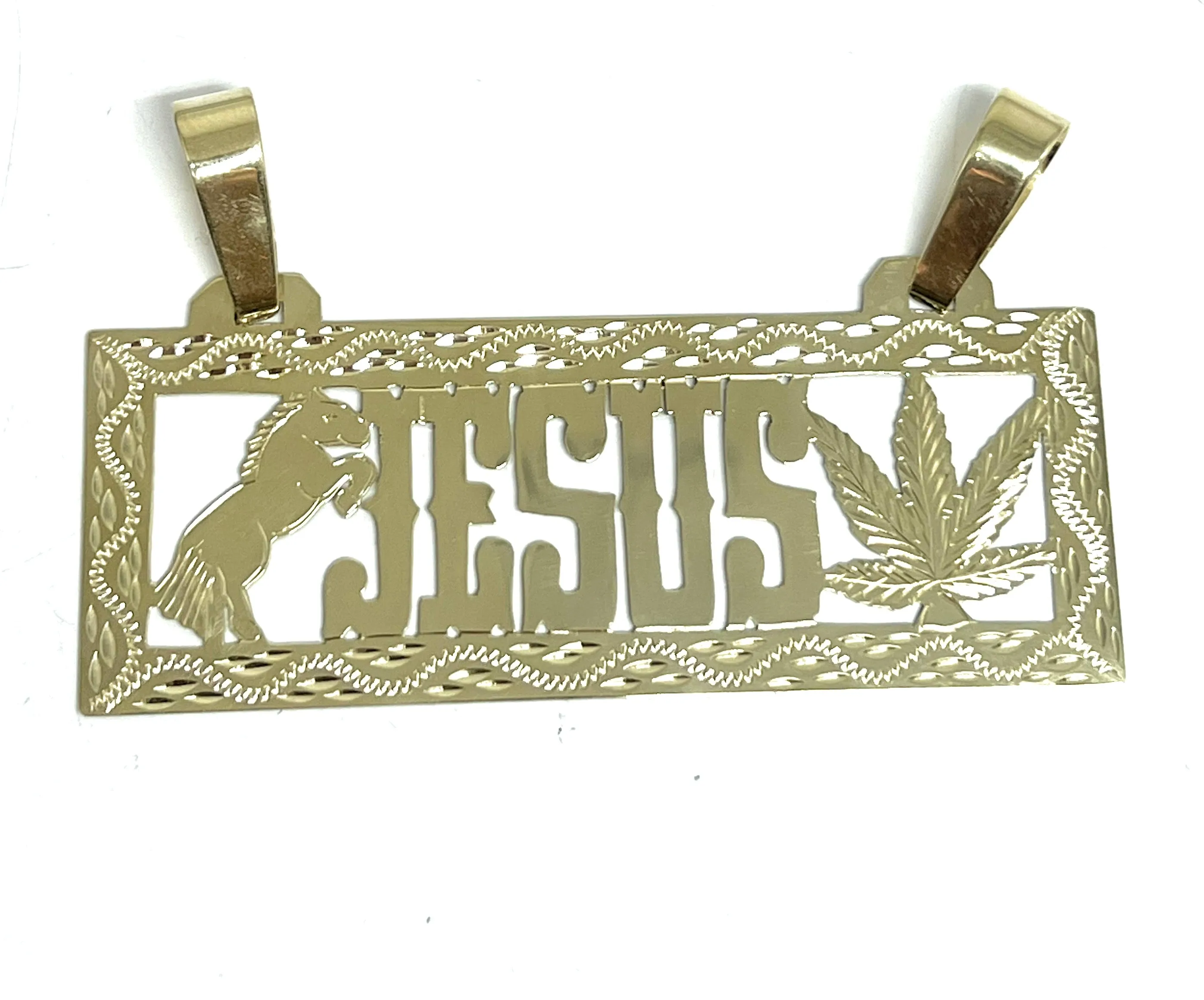 10k Solid Gold Custom VAQUERO STYLE HORSE AND GREEN LEAF LARGE Nameplate Pendant (9g)