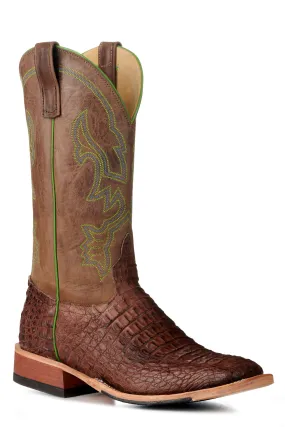 Anderson Bean Men's Chocolate Lux Hornback Caiman and Chocolate Wide Square Toe Exotic Cowboy Boots