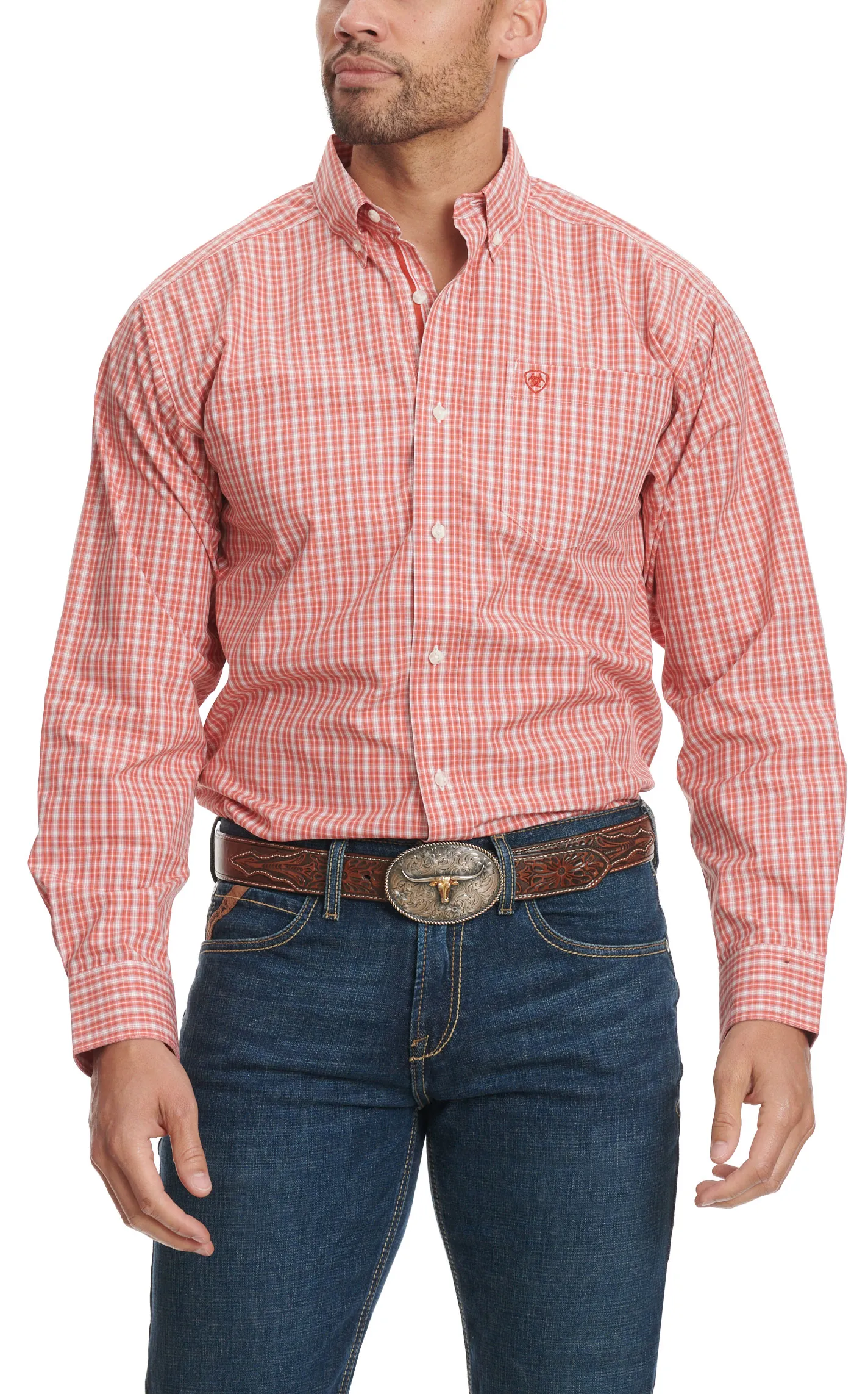 Ariat Pro Series Men's Roscoe Red & Tangerine Mini Plaid Western Shirt