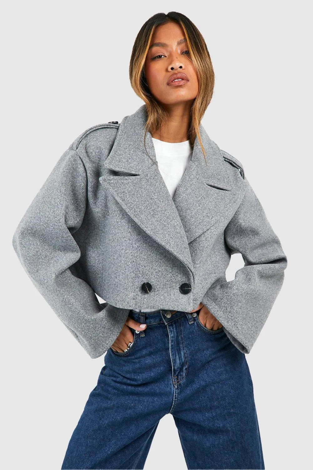 Boxy Shoulder Detail Short Wool Look Coat