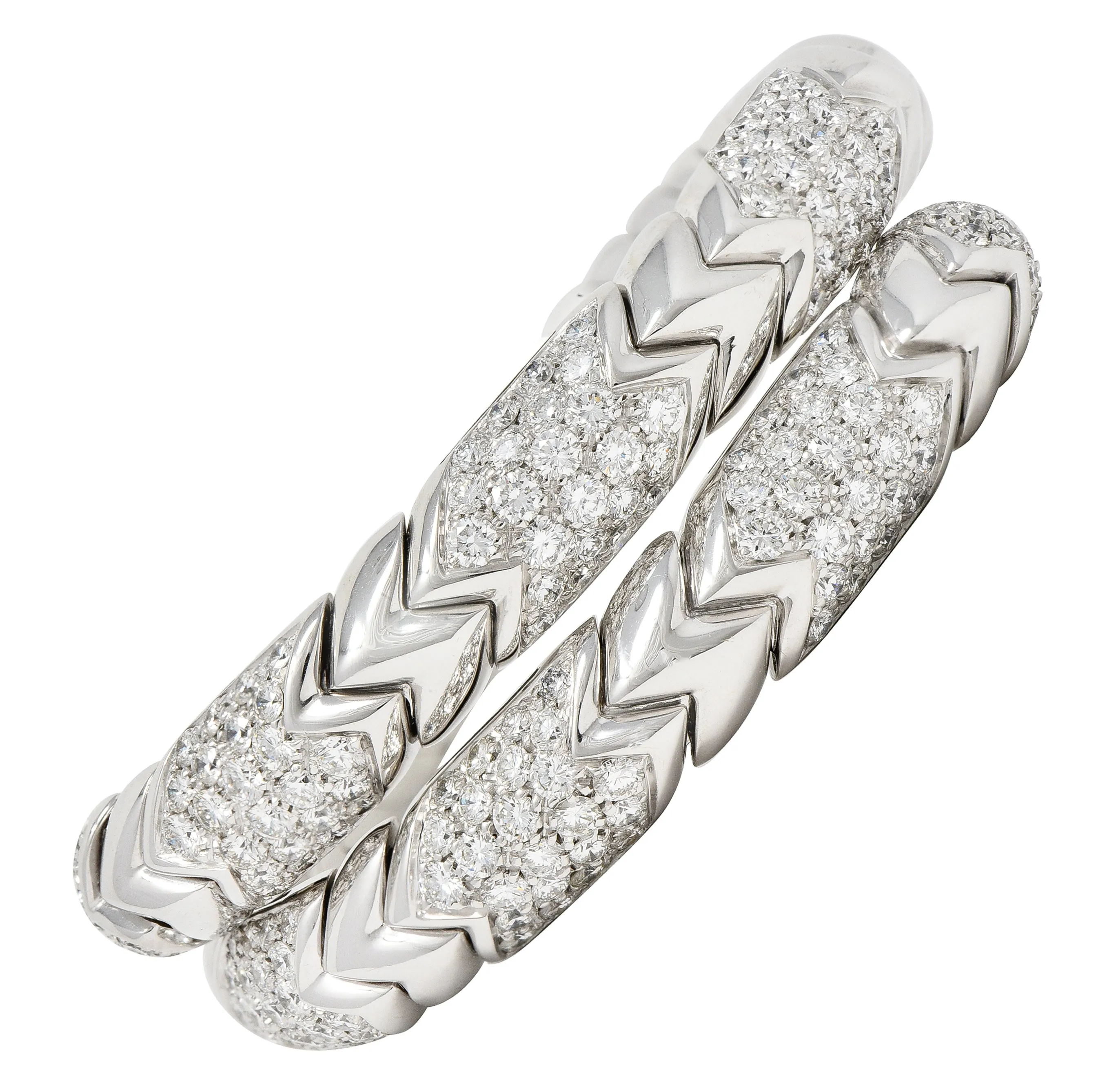 Bulgari French 6.50 CTW Diamond 18 Karat White Gold Spiga Serpenti Wrap Cuff Bracelet