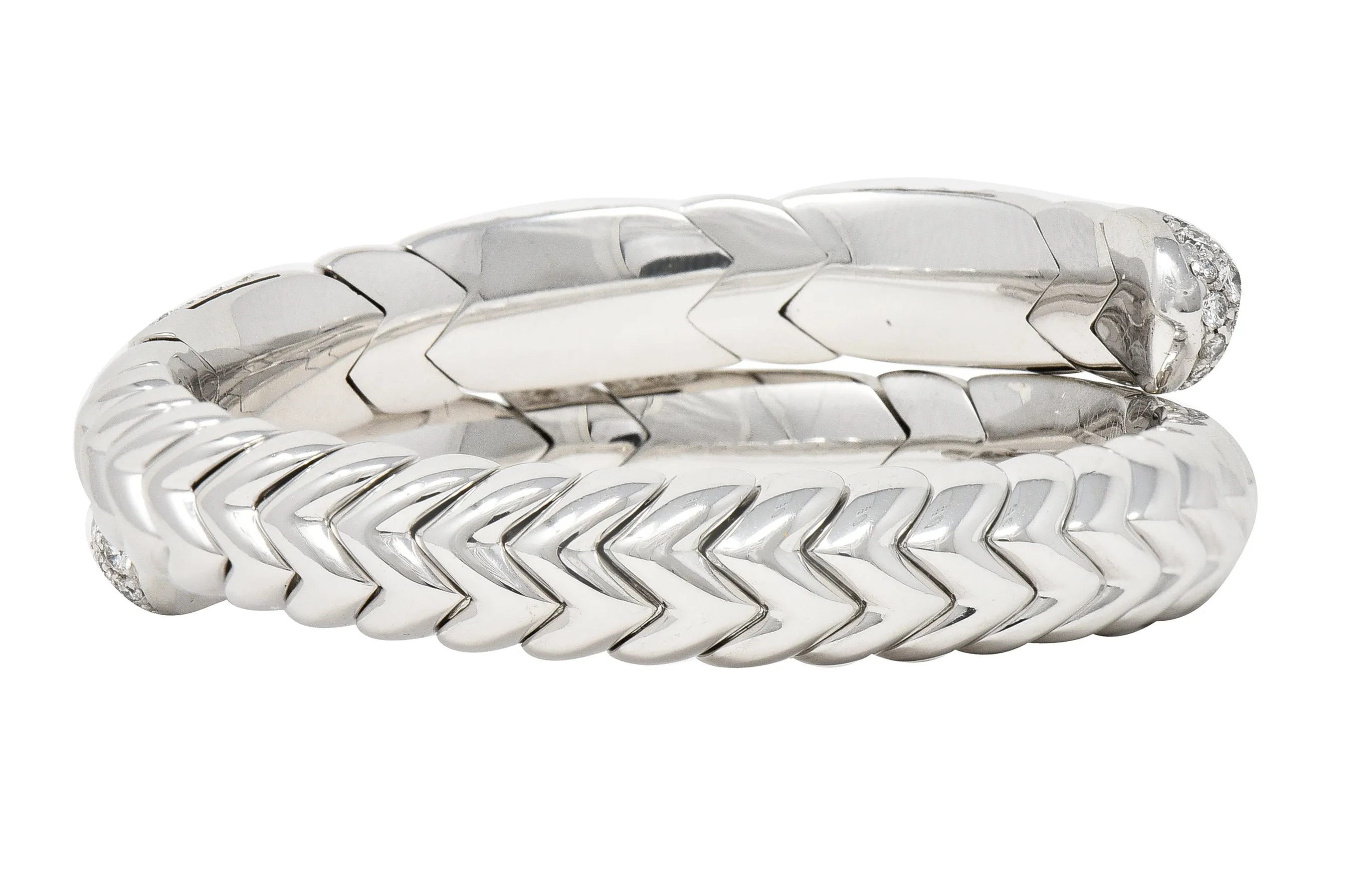 Bulgari French 6.50 CTW Diamond 18 Karat White Gold Spiga Serpenti Wrap Cuff Bracelet