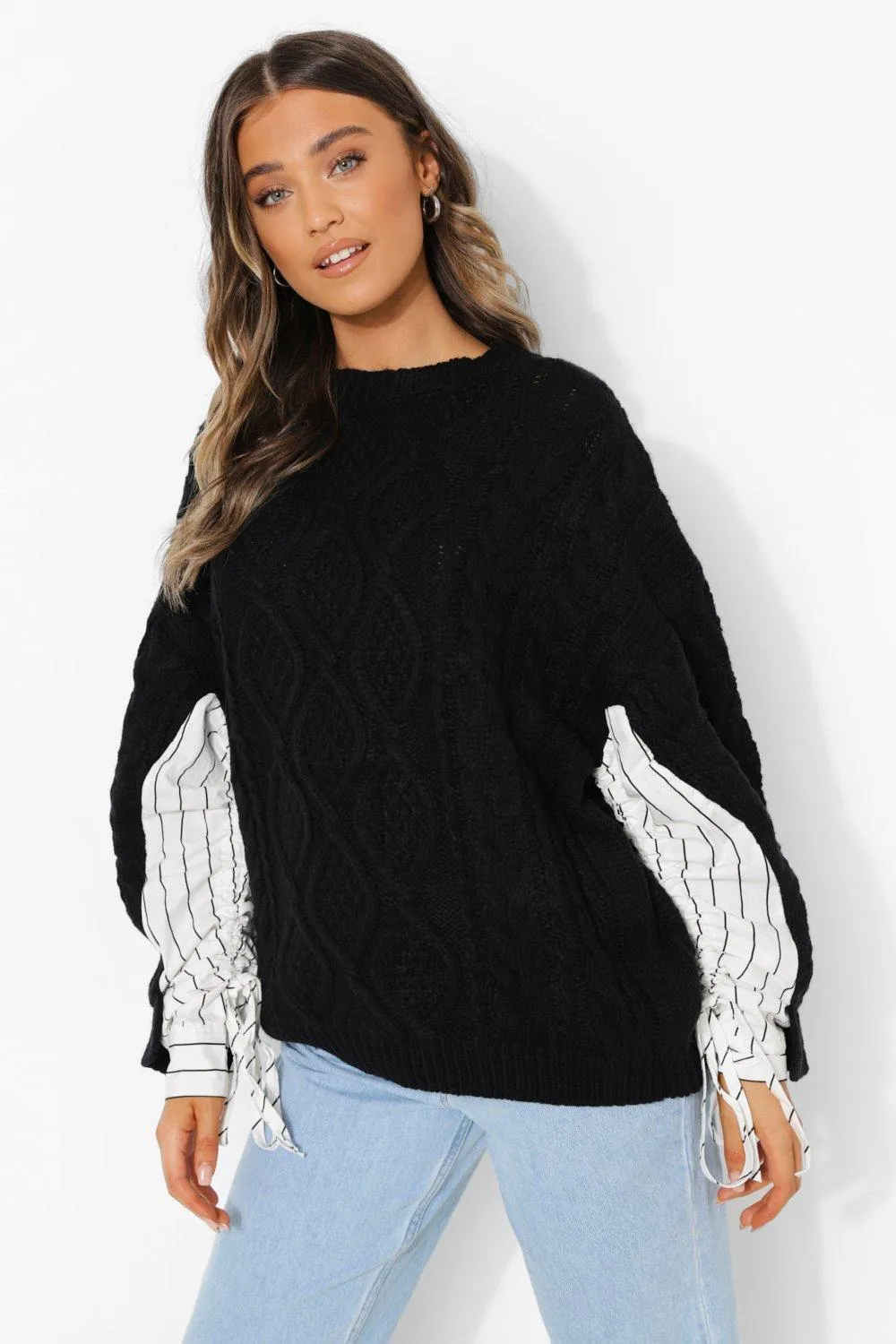 Cable Knitted Sweater With Shirt Sleeve Detail