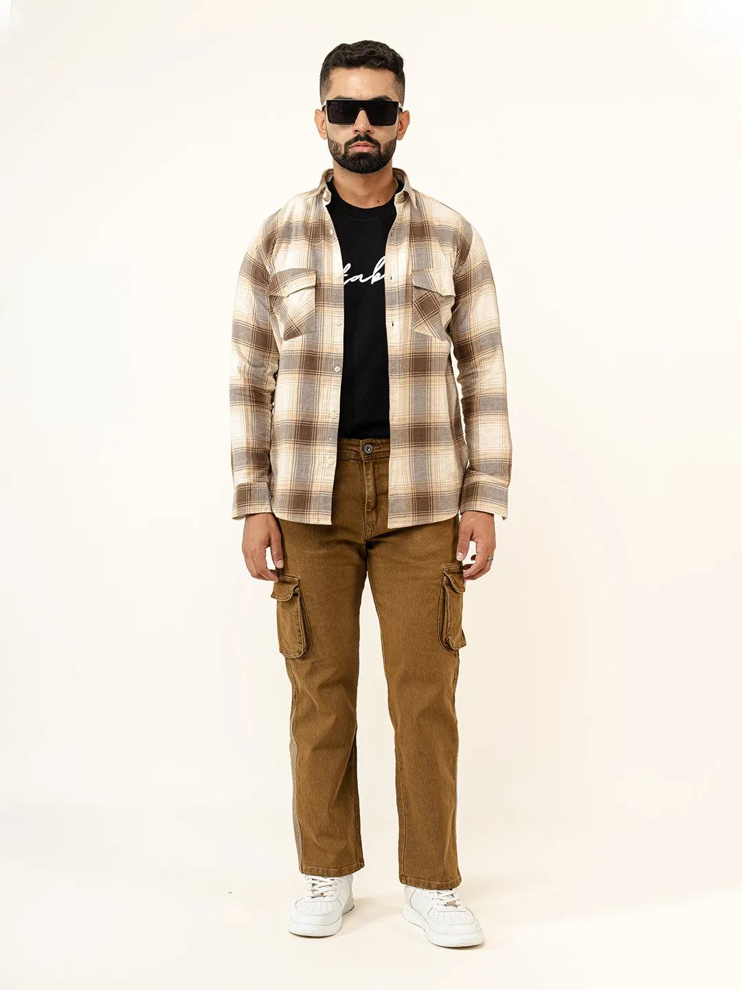 Camel Brown Straight Fit Denim Cargo Men's Jeans