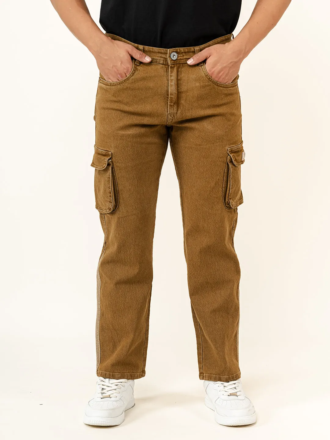 Camel Brown Straight Fit Denim Cargo Men's Jeans