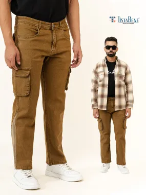 Camel Brown Straight Fit Denim Cargo Men's Jeans