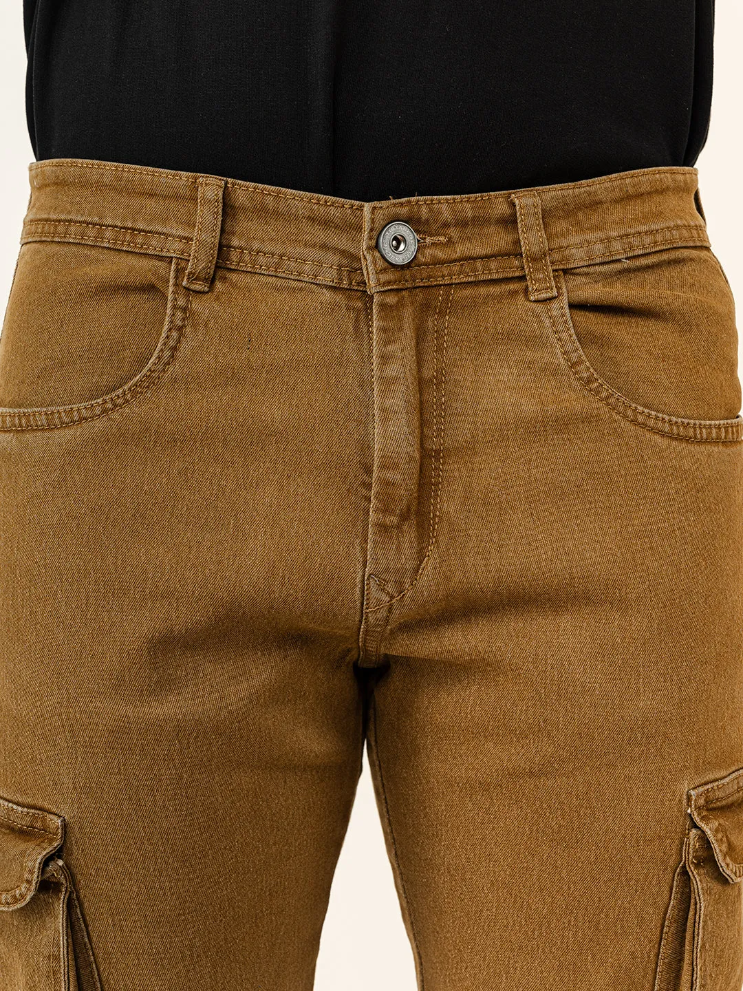 Camel Brown Straight Fit Denim Cargo Men's Jeans