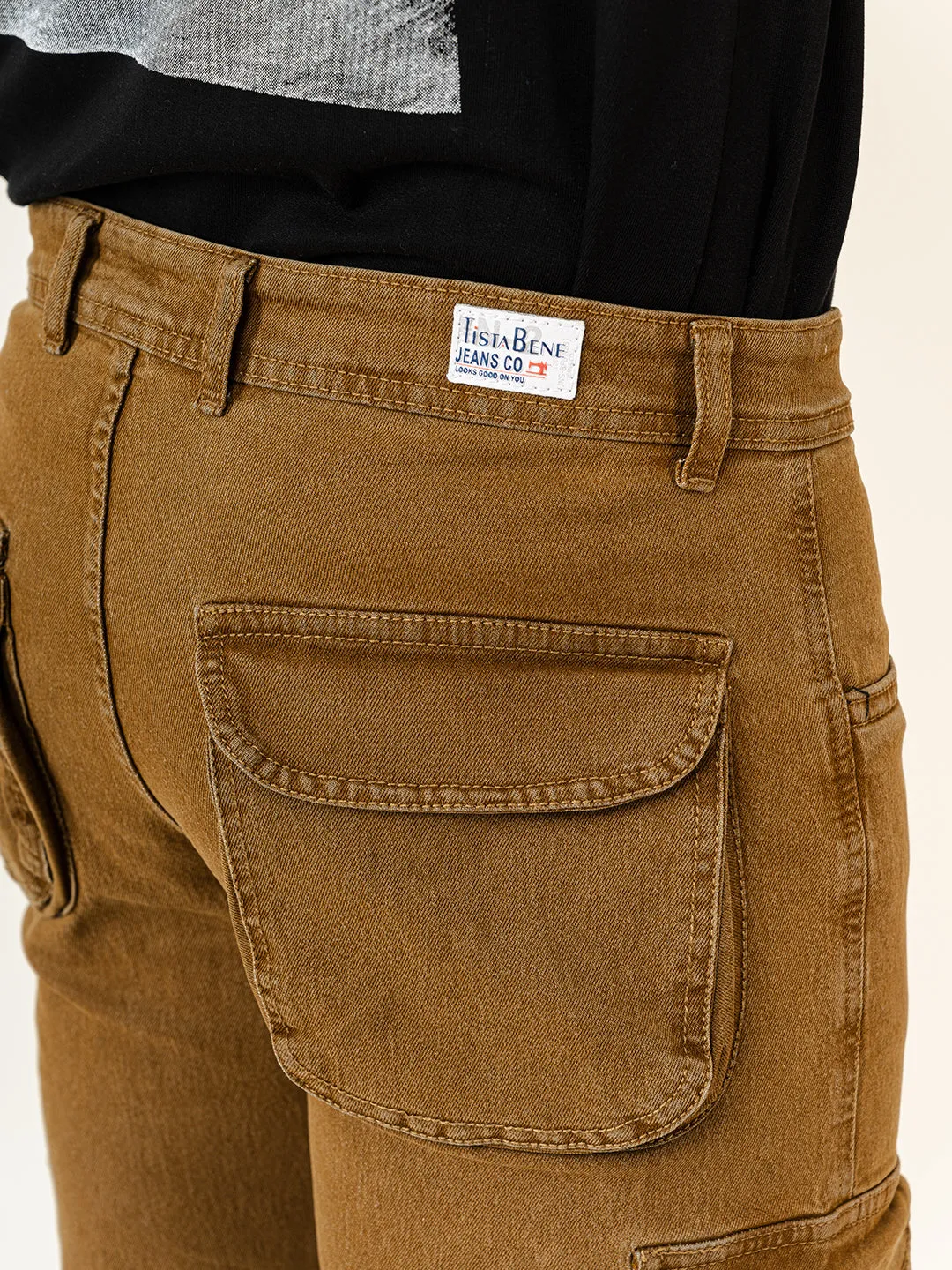 Camel Brown Straight Fit Denim Cargo Men's Jeans