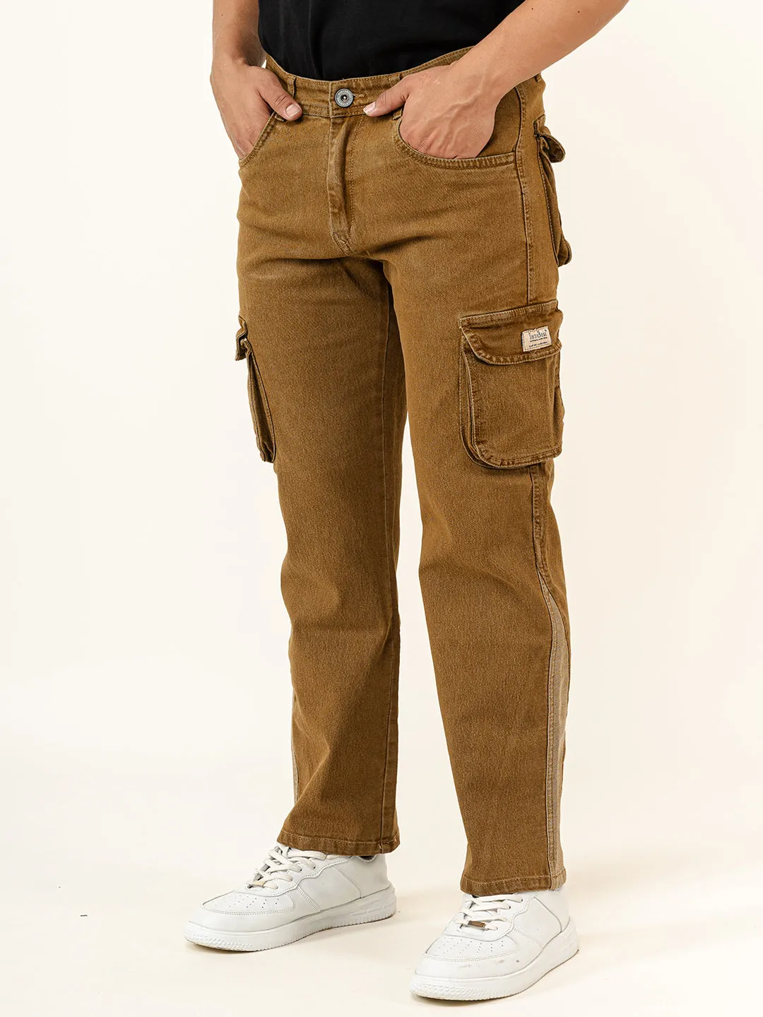 Camel Brown Straight Fit Denim Cargo Men's Jeans