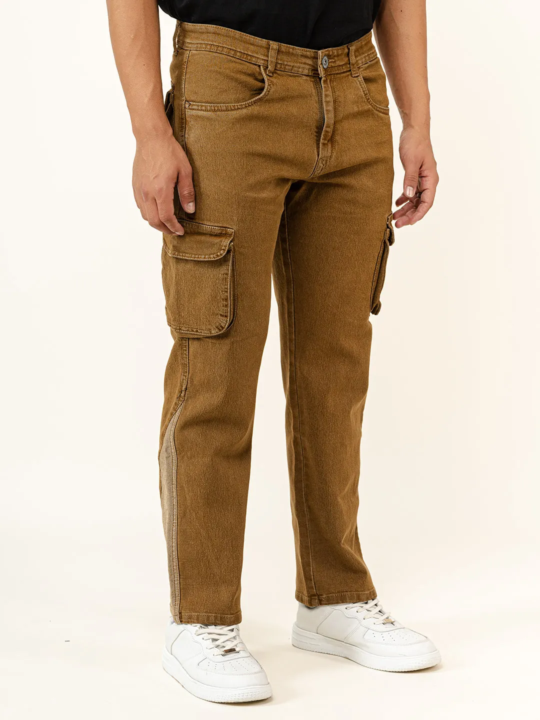 Camel Brown Straight Fit Denim Cargo Men's Jeans