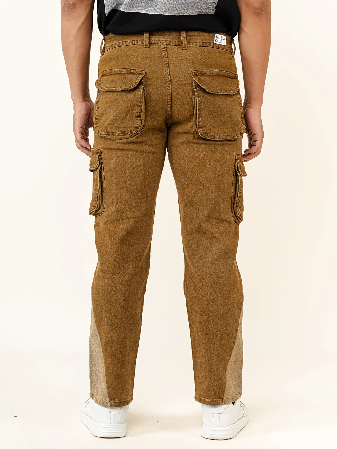 Camel Brown Straight Fit Denim Cargo Men's Jeans