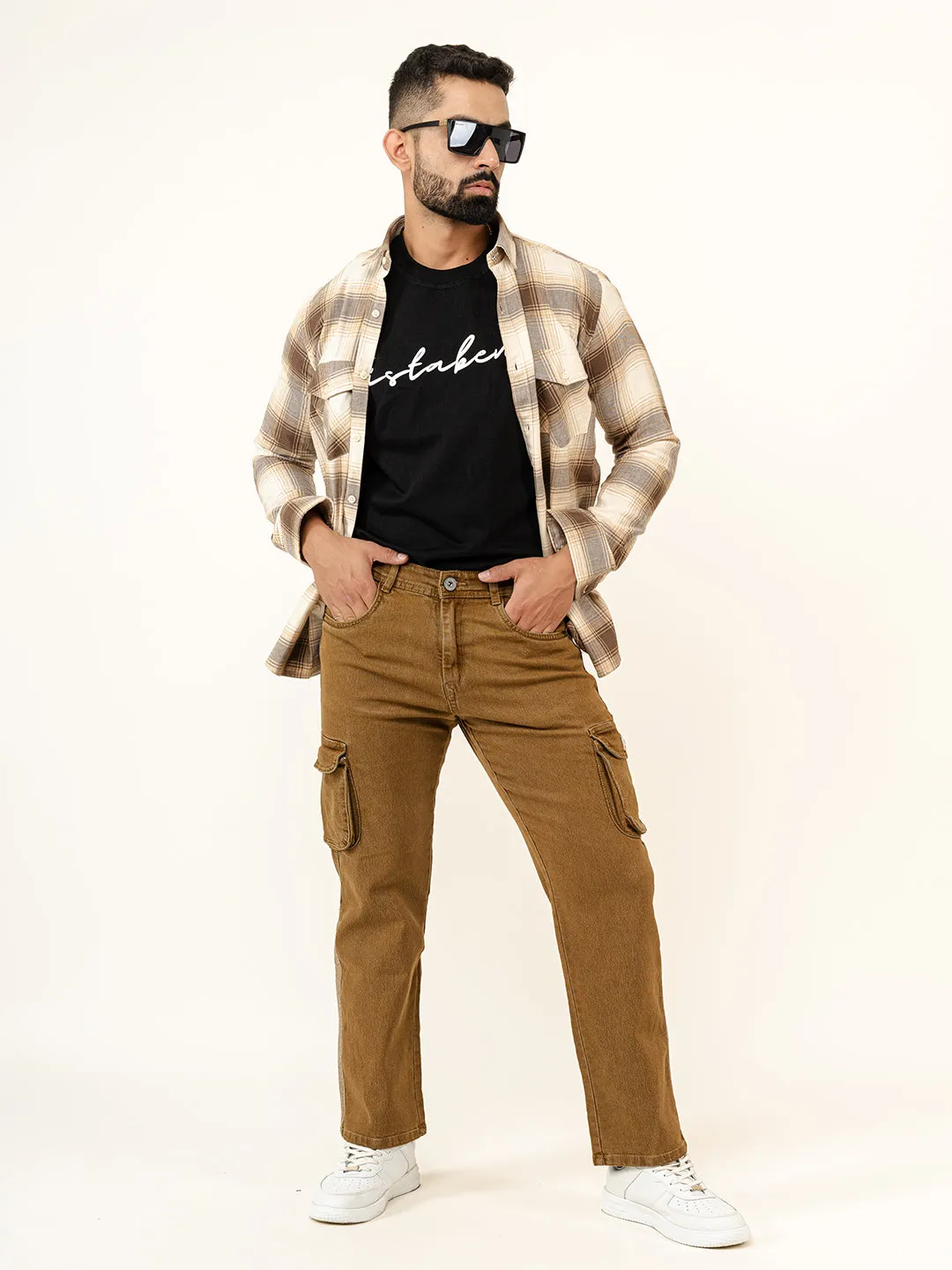 Camel Brown Straight Fit Denim Cargo Men's Jeans