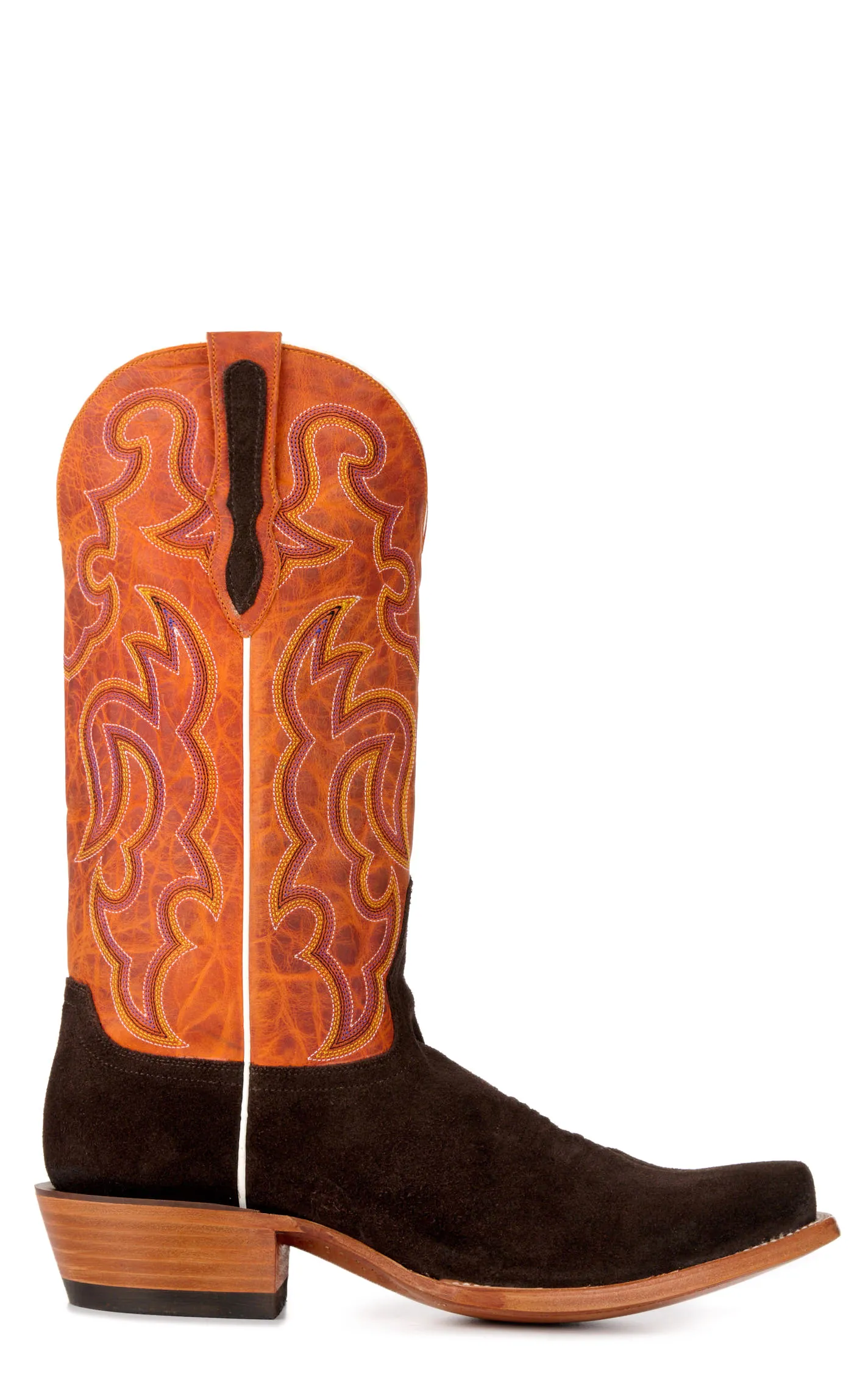 Cavender's Men's Chocolate Roughout and Orange Punchy Square Toe Cowboy Boots