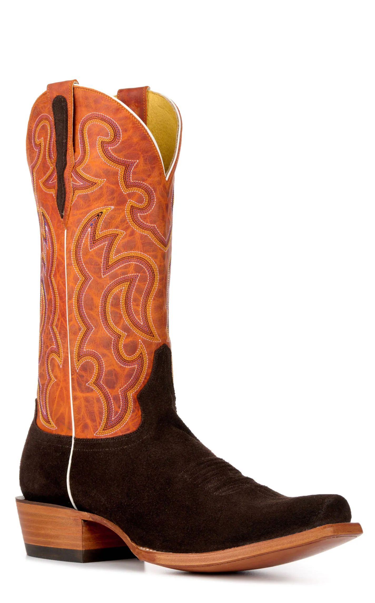 Cavender's Men's Chocolate Roughout and Orange Punchy Square Toe Cowboy Boots