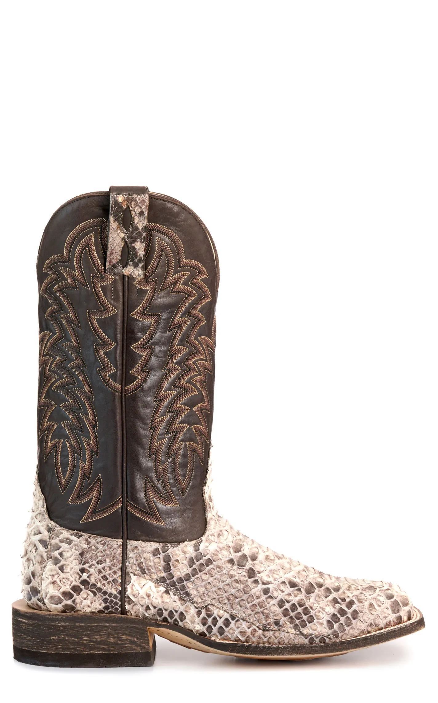 Cavender's Men's Endurance Natural Python and Chocolate Wide Square Toe Exotic Cowboy Boots