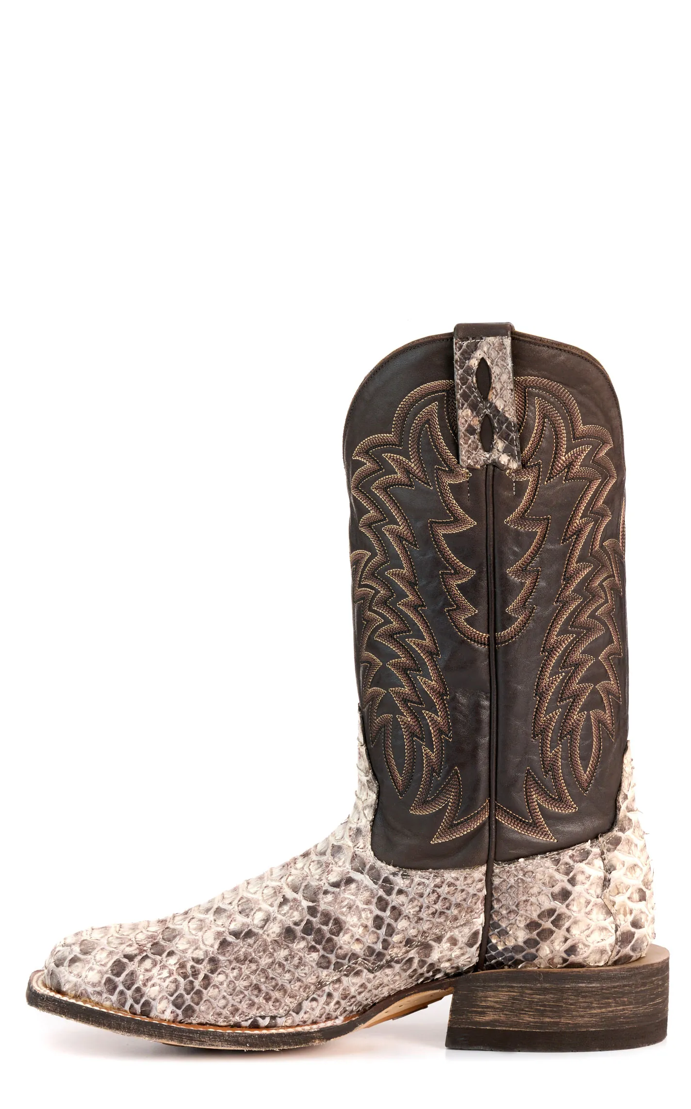 Cavender's Men's Endurance Natural Python and Chocolate Wide Square Toe Exotic Cowboy Boots