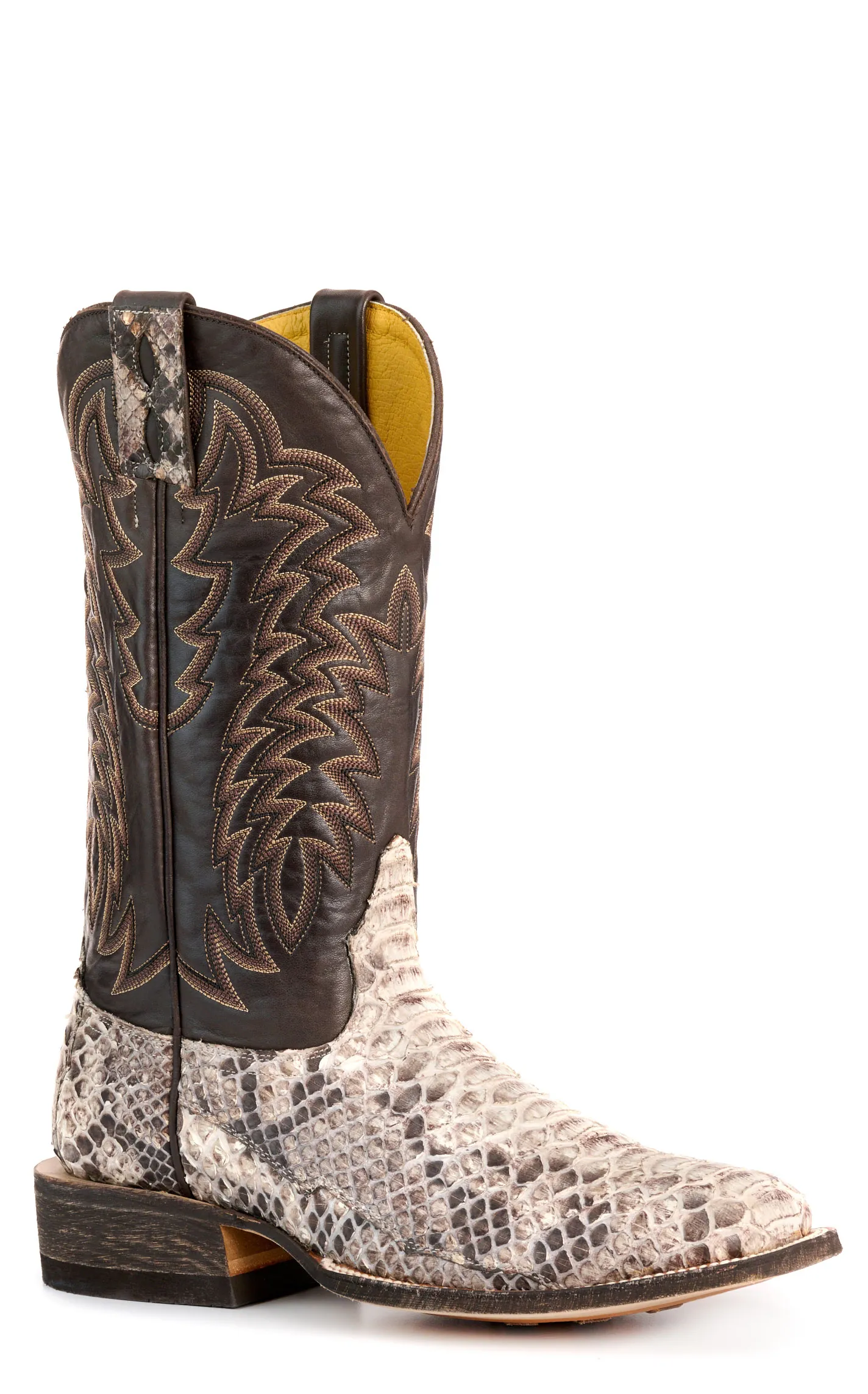 Cavender's Men's Endurance Natural Python and Chocolate Wide Square Toe Exotic Cowboy Boots