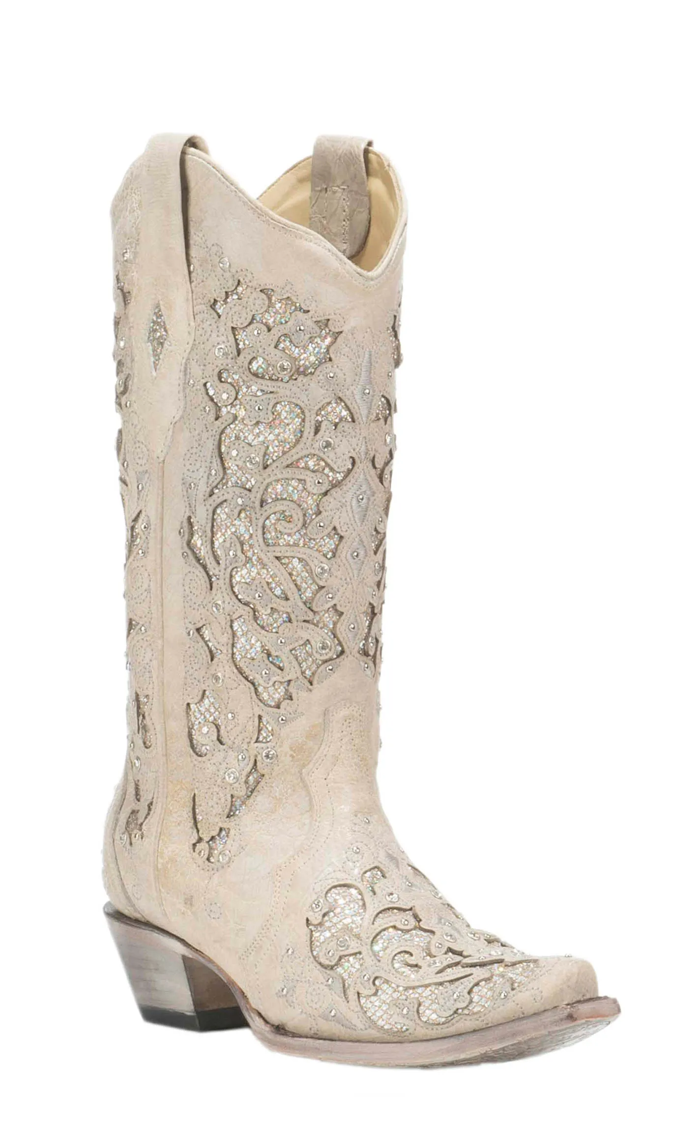 Corral Women's White with Glitter Inlay Bridal Snip Toe Cowboy Boots