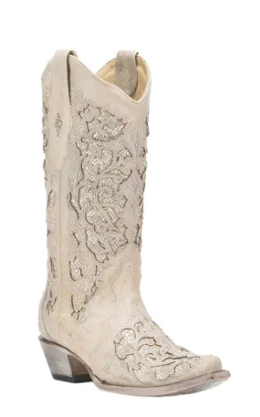 Corral Women's White with Glitter Inlay Bridal Snip Toe Cowboy Boots