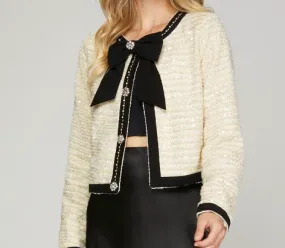 Cream Sequin Tweed Embellished Contrast Bow Jacket