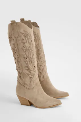 Embroidered Cut Knee High Western Boots