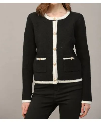 Fate by LFD Color Block Cardigan With Pearl Button In Black/cream