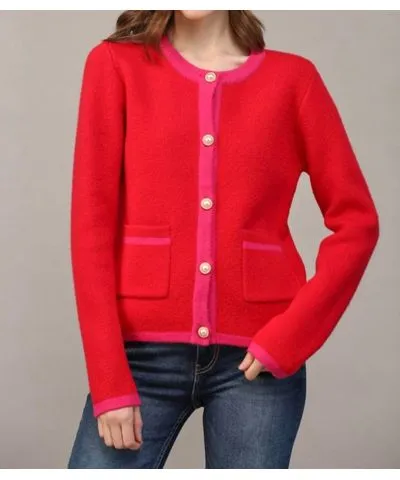 Fate by LFD Color Block Cardigan With Pearl Button In Red/hot Pink