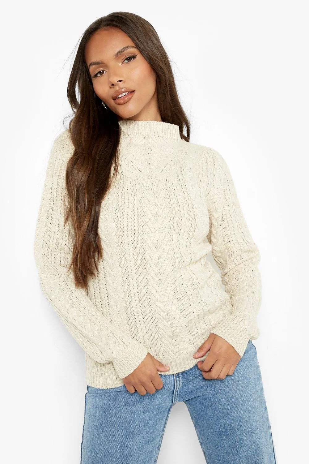 Funnel Neck Cable Knitted Sweater