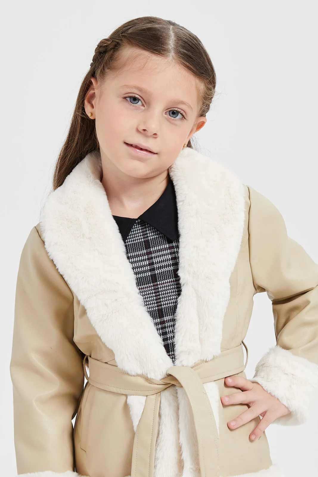 Girls Beige Pu Fur Jacket