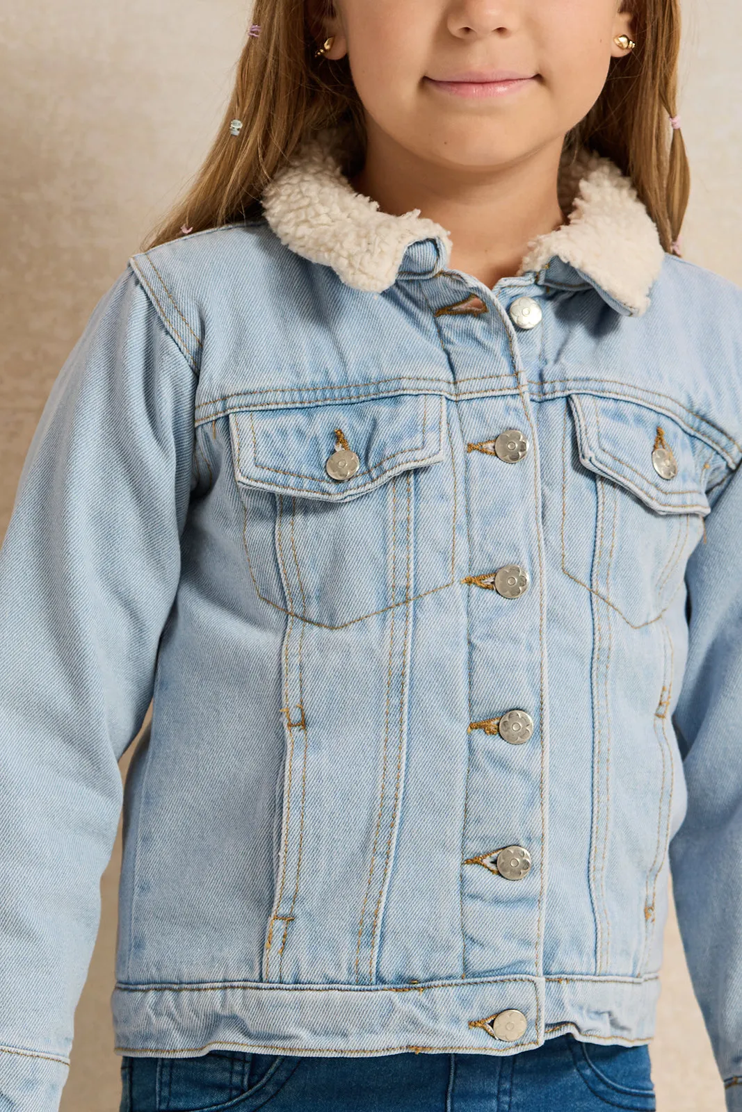 Girls Blue Denim With Sherpa Lining Jacket