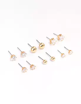 Gold Cubic Zirconia & Ball Stud Earrings 6-Pack