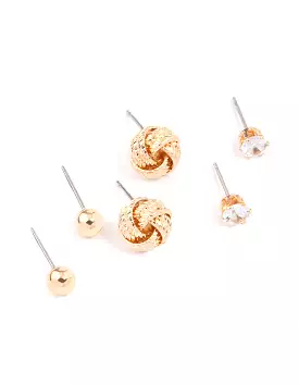 Gold Diamante Knotted Stud Earring 3-Pack