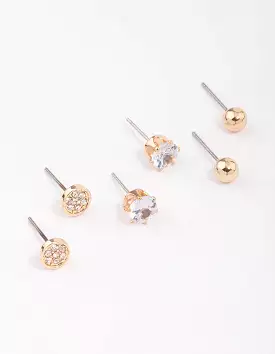 Gold Glitter Diamante Stud Earring 3-Pack