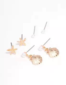 Gold Mixed Pearl Ocean Stud Earring 3-Pack