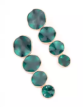 Gold Multi-Disc Green Drop Earrings