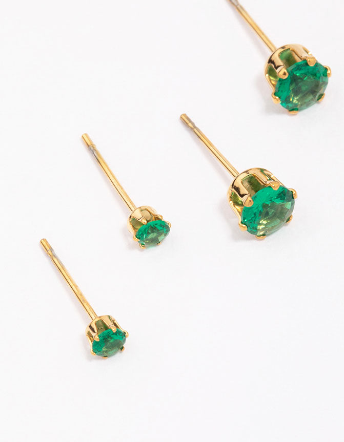 Gold Plated Stainless Steel Emerald Cubic Zirconia Stud Earring 3-Pack