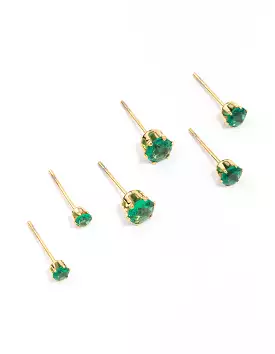 Gold Plated Stainless Steel Emerald Cubic Zirconia Stud Earring 3-Pack