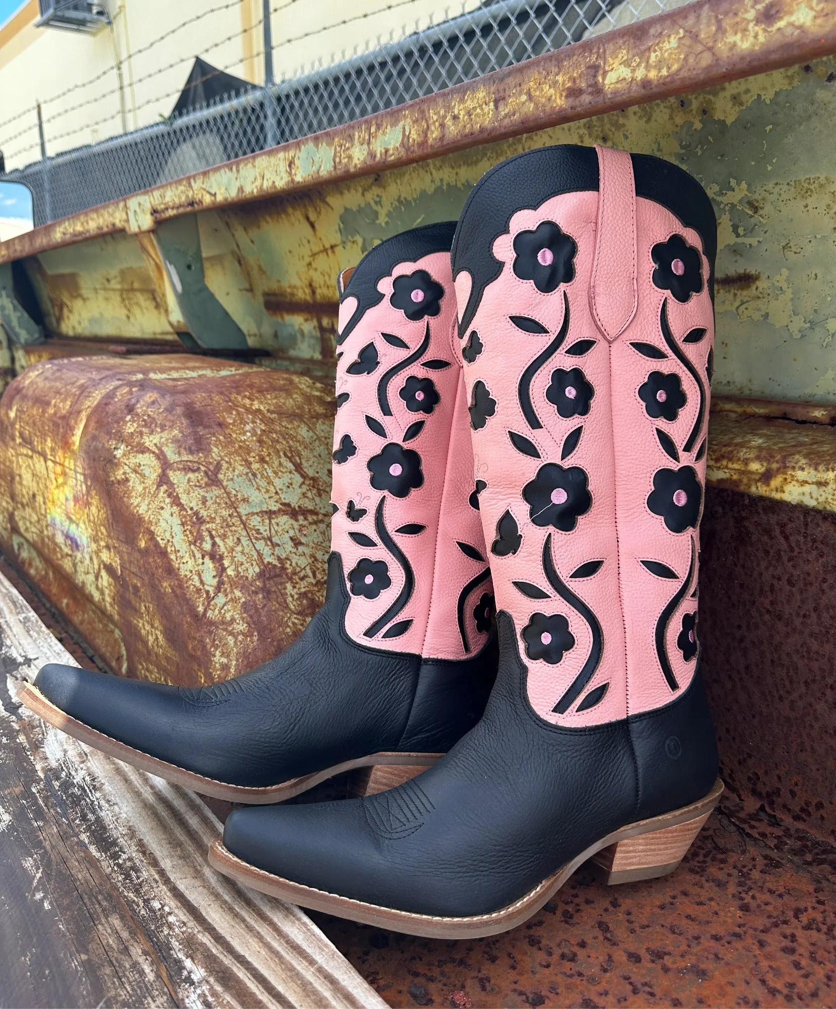 Goodness Gracious Baby Pink/Black Retro Floral & Butterfly Leather Knee High Boots (DS)