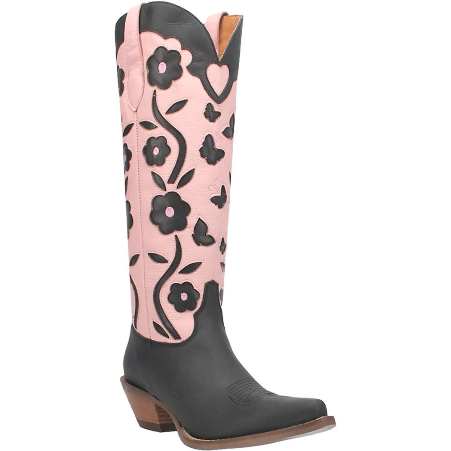 Goodness Gracious Baby Pink/Black Retro Floral & Butterfly Leather Knee High Boots (DS)