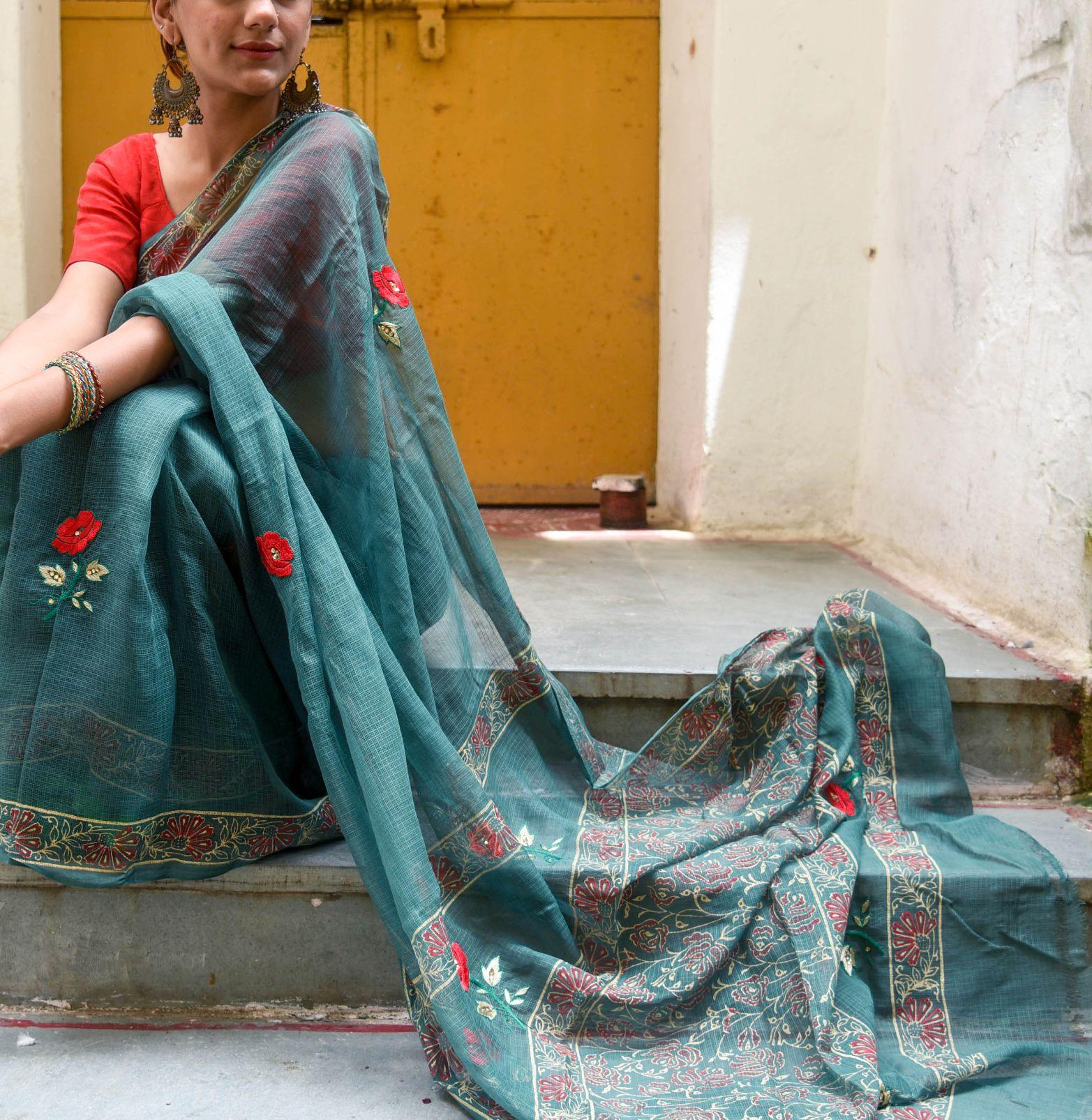 Kaisori Kota saree - Togor embroidered and handblockprinted Kota saree