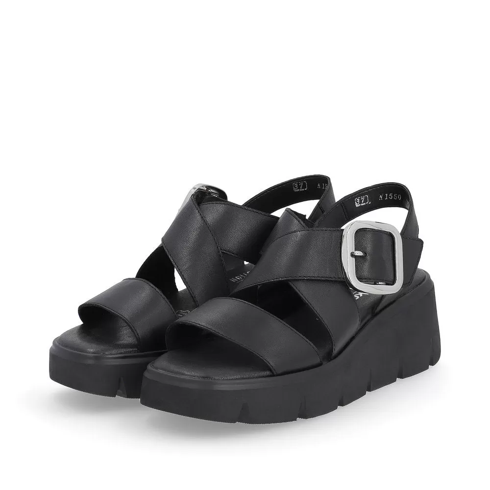 Ladies Evolution By Rieker Sandals Black Chunky Platform W1550-00