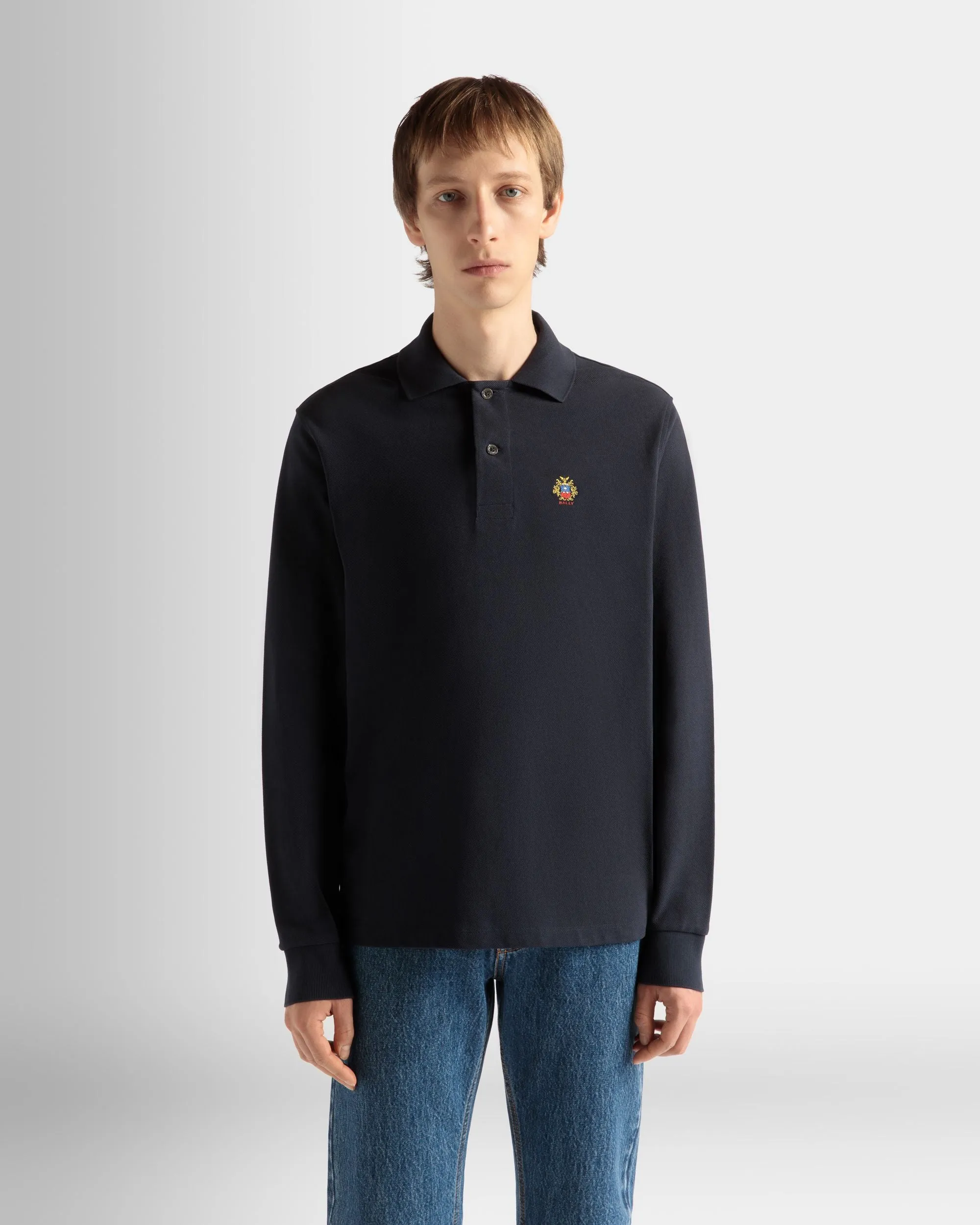 Long Sleeve Polo Shirt in Navy Blue Cotton 