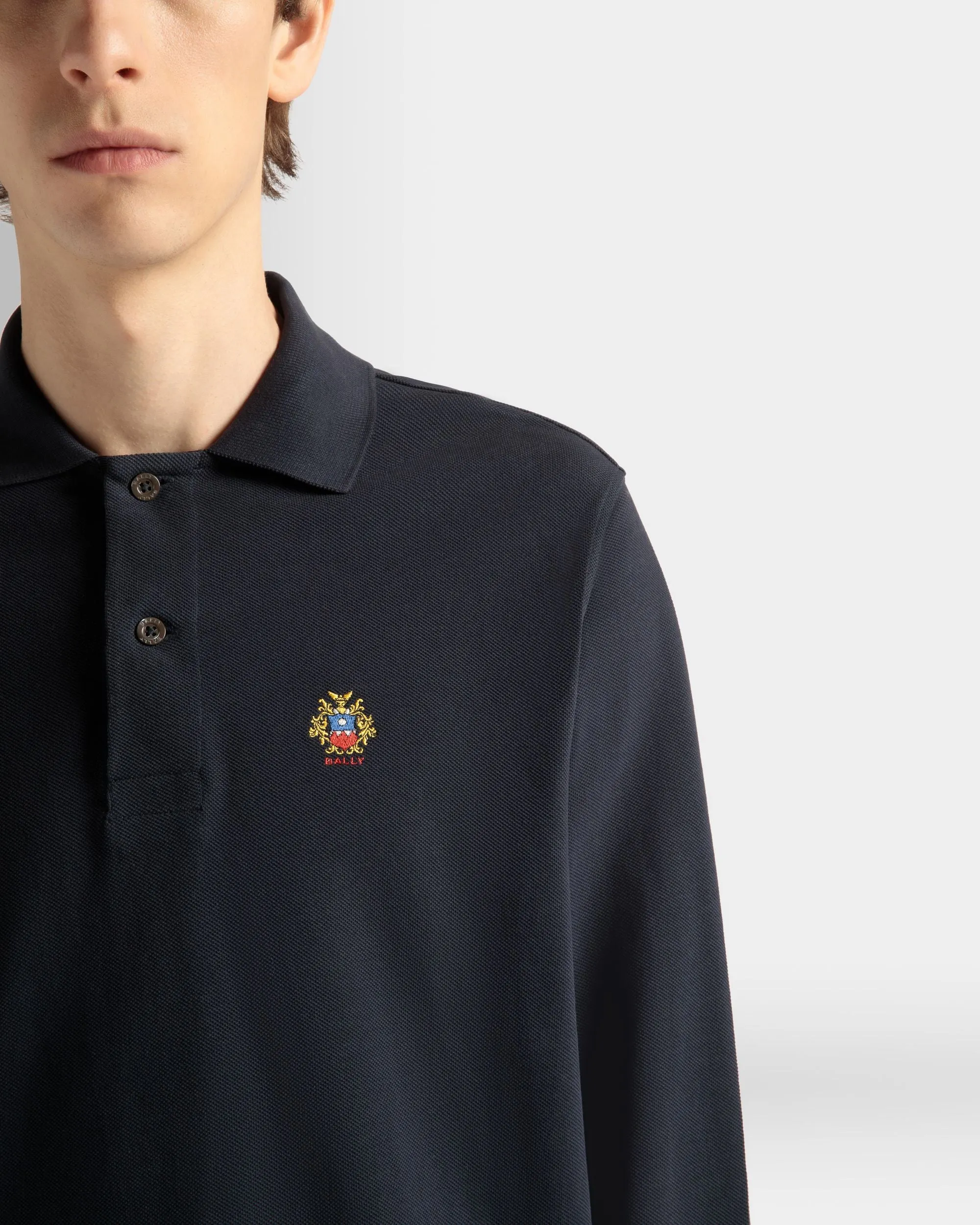 Long Sleeve Polo Shirt in Navy Blue Cotton 