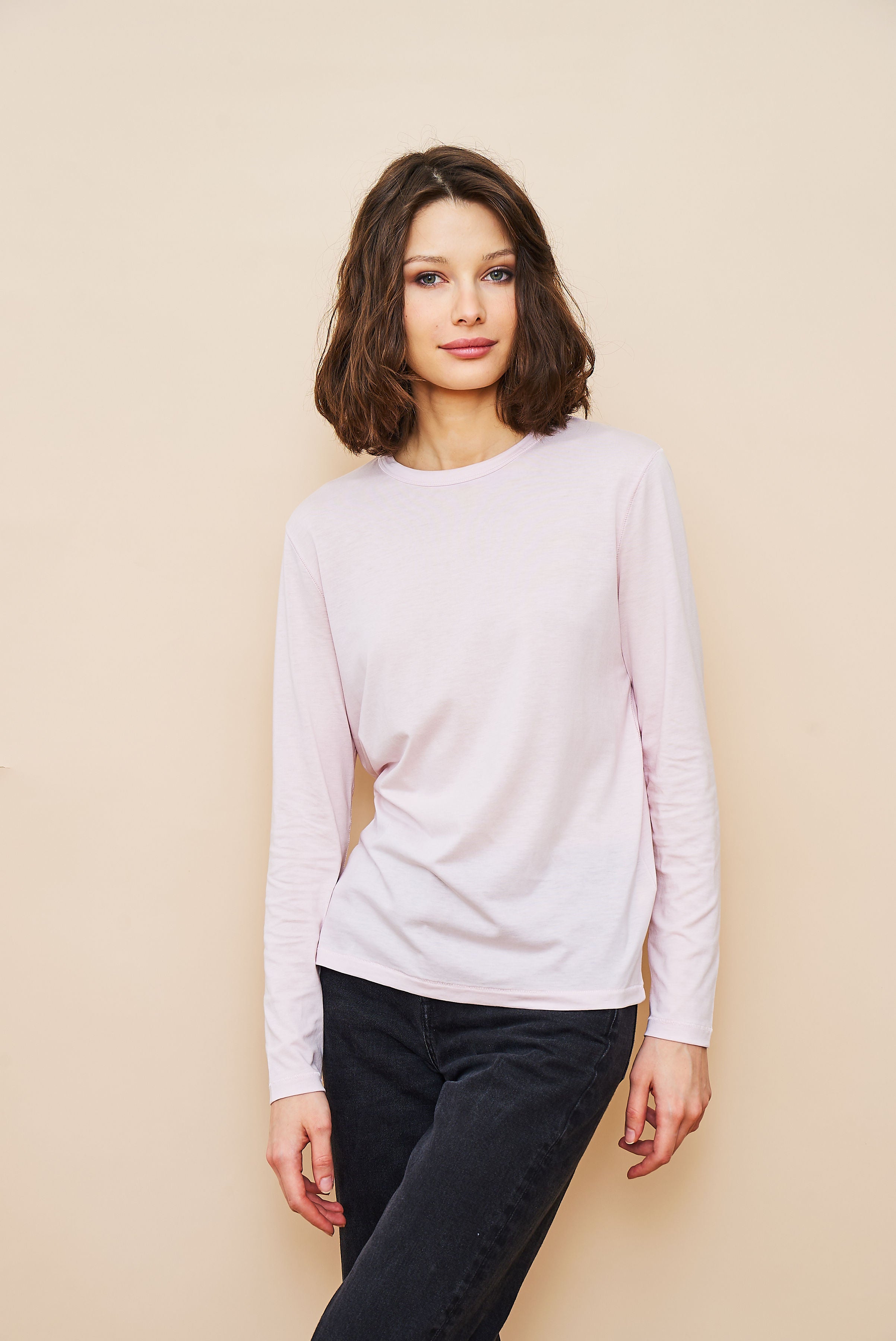 Lyocell Cotton Long Sleeve Semi Relaxed Crewneck in Petale