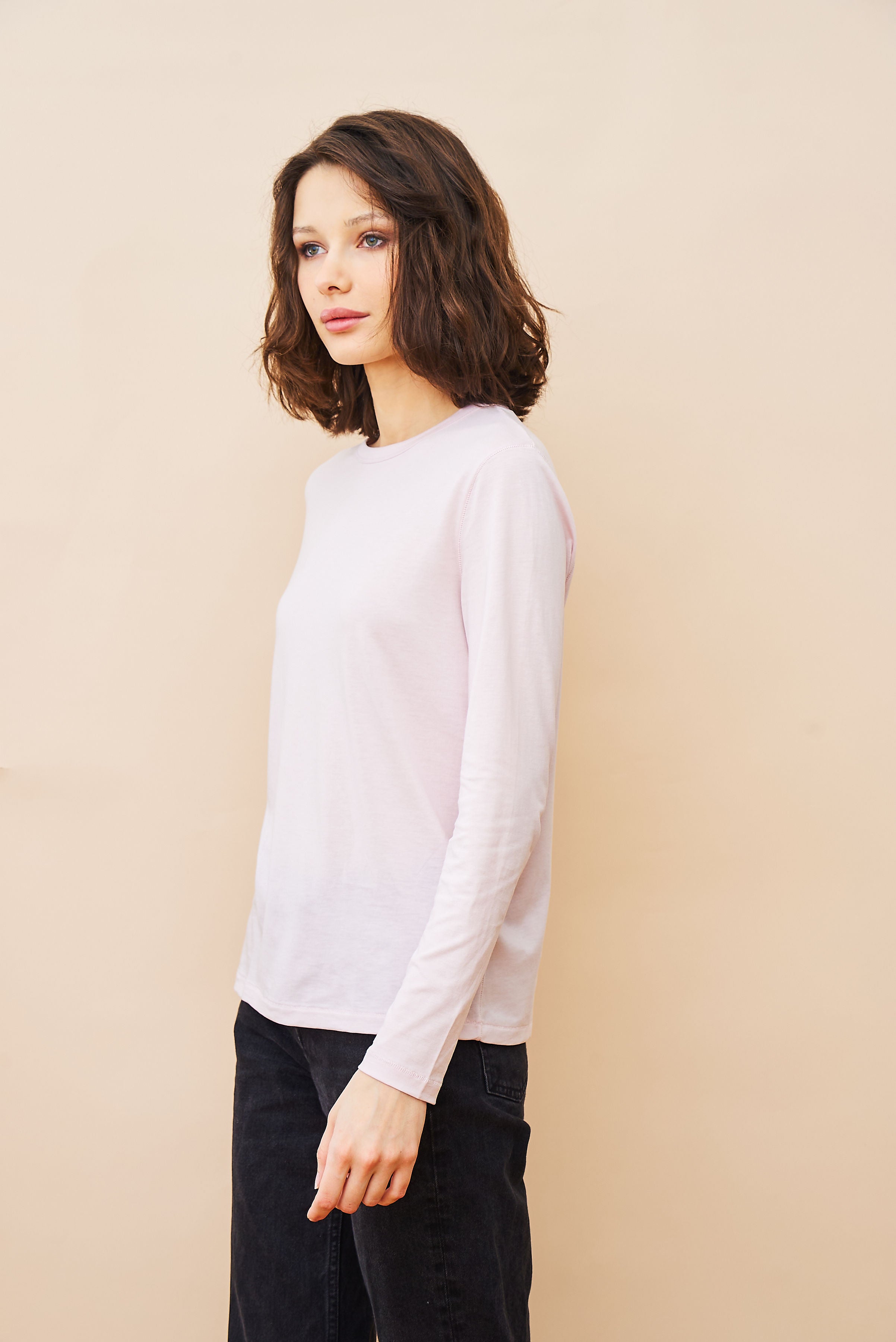 Lyocell Cotton Long Sleeve Semi Relaxed Crewneck in Petale