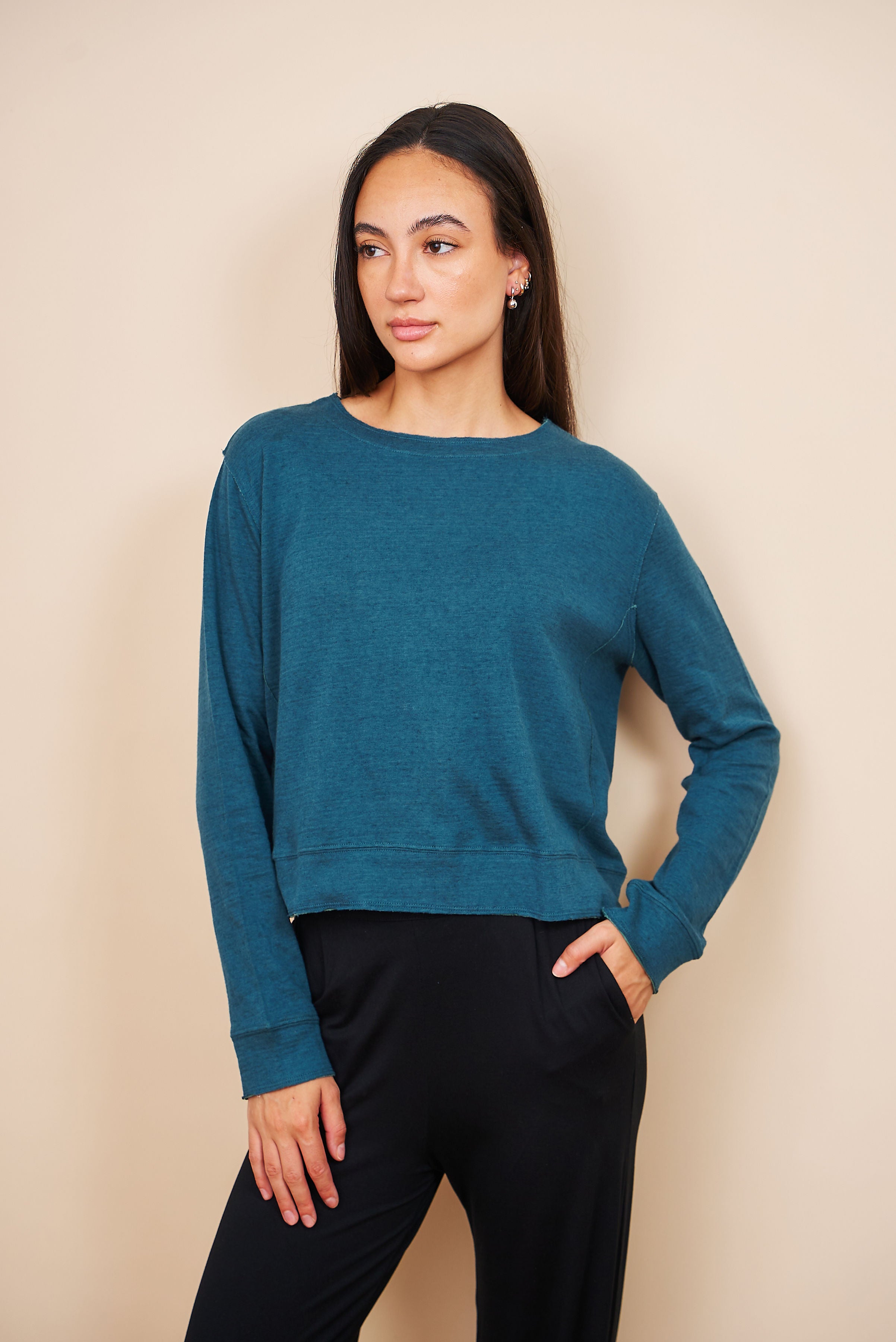 Majestic Cotton/Cashmere Double Face Crewneck in Haute Mer