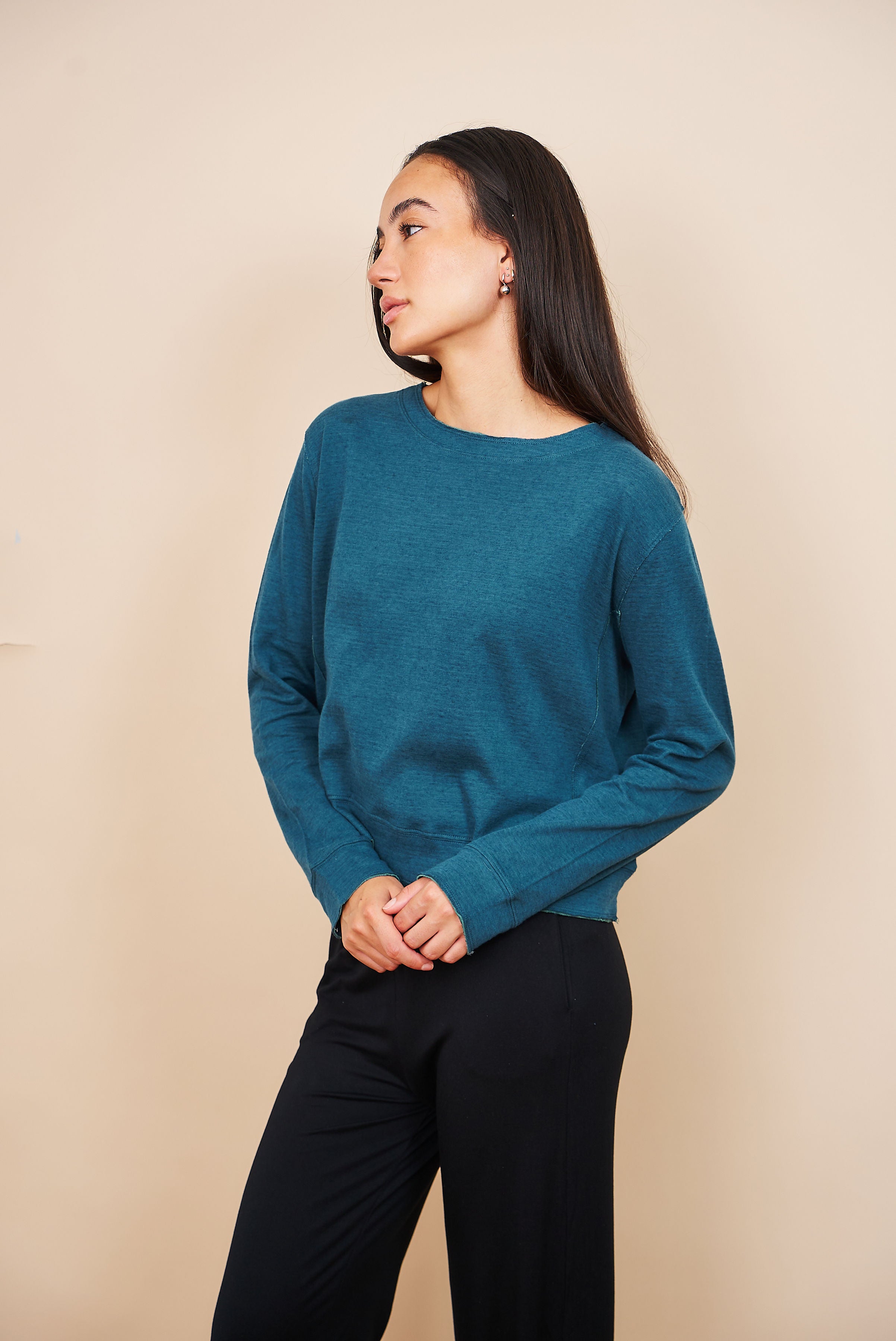 Majestic Cotton/Cashmere Double Face Crewneck in Haute Mer