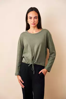 Majestic Cotton/Cashmere Drawstring Crewneck in Mousse