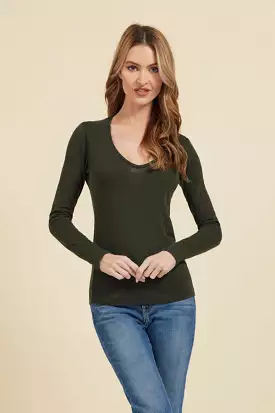 Majestic Cotton/Cashmere Long Sleeve V-Neck in Deep Green